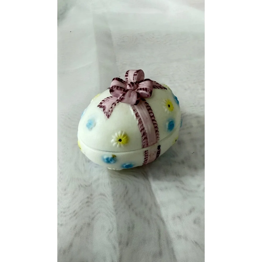 Vintage Lefton Japan Porcelain Egg Trinket Box Pink Ribbon Floral 4473 Matte